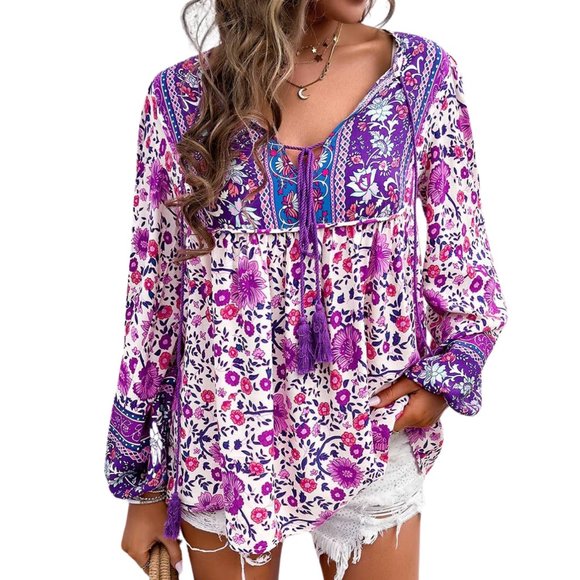 Floral Boho Top Long Sl Blouse Print Cross Deep V S-XL Beautiful Blue Purple - Picture 1 of 4